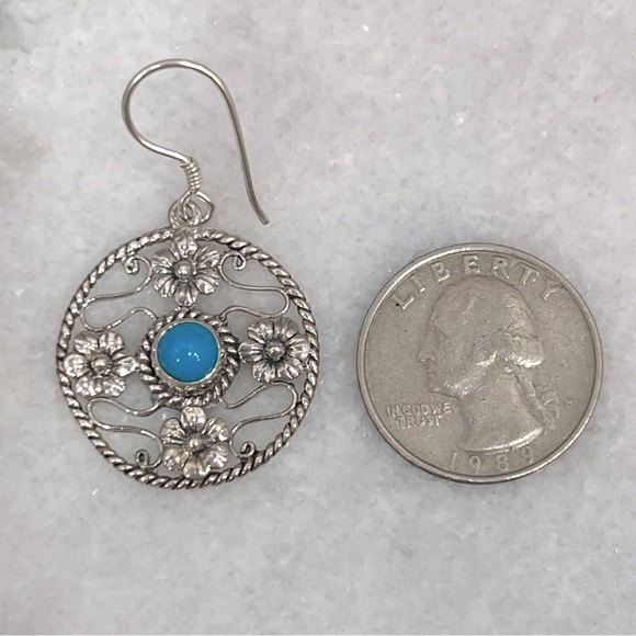 Arizona Sleeping Beauty Turquoise Sterling Silver Floral Dangle Earrings - Picture 10 of 10